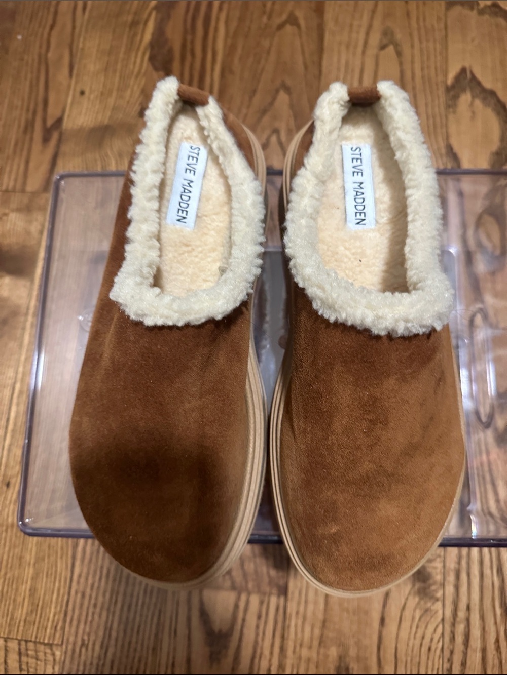 Steve Madden Women's Brown Suede Slip-On Shoes with Cream Sherpa Trim